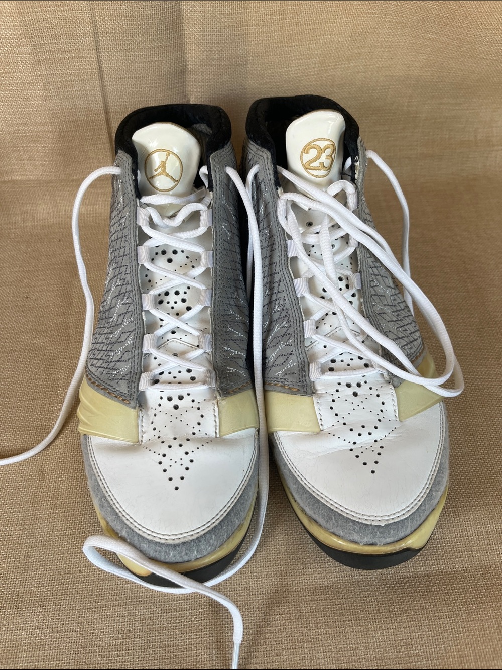 Nike Air Jordan 23  mid Top Sneakers in White, Gray & Gold